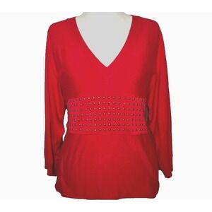 Yuka Paris T1 Womens Red Knit Top Sweater XL Batwing 3/4 Sleeve 90's Vintage